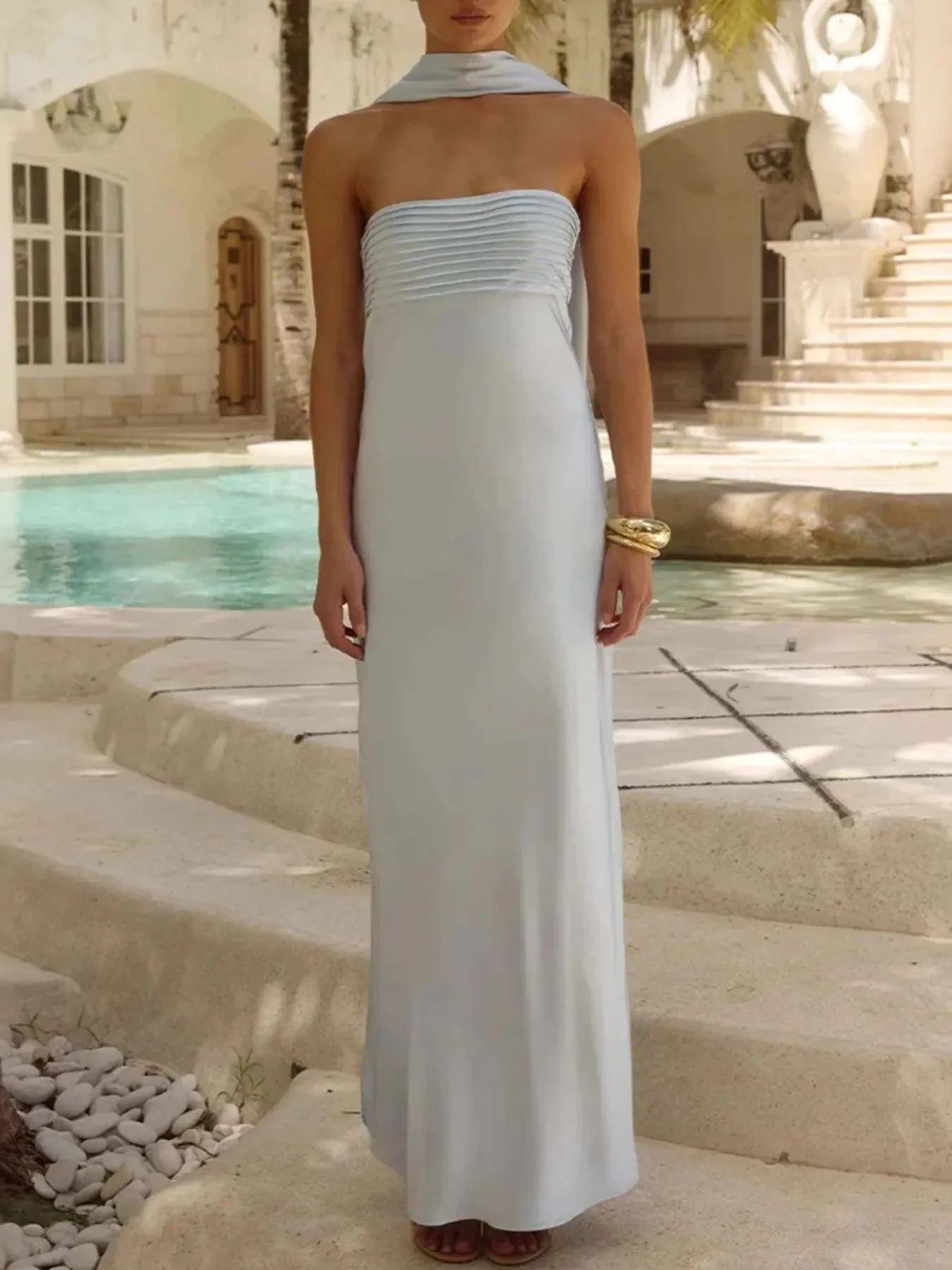 Light blue tube mermaid maxi dress with strapless design and slit detail