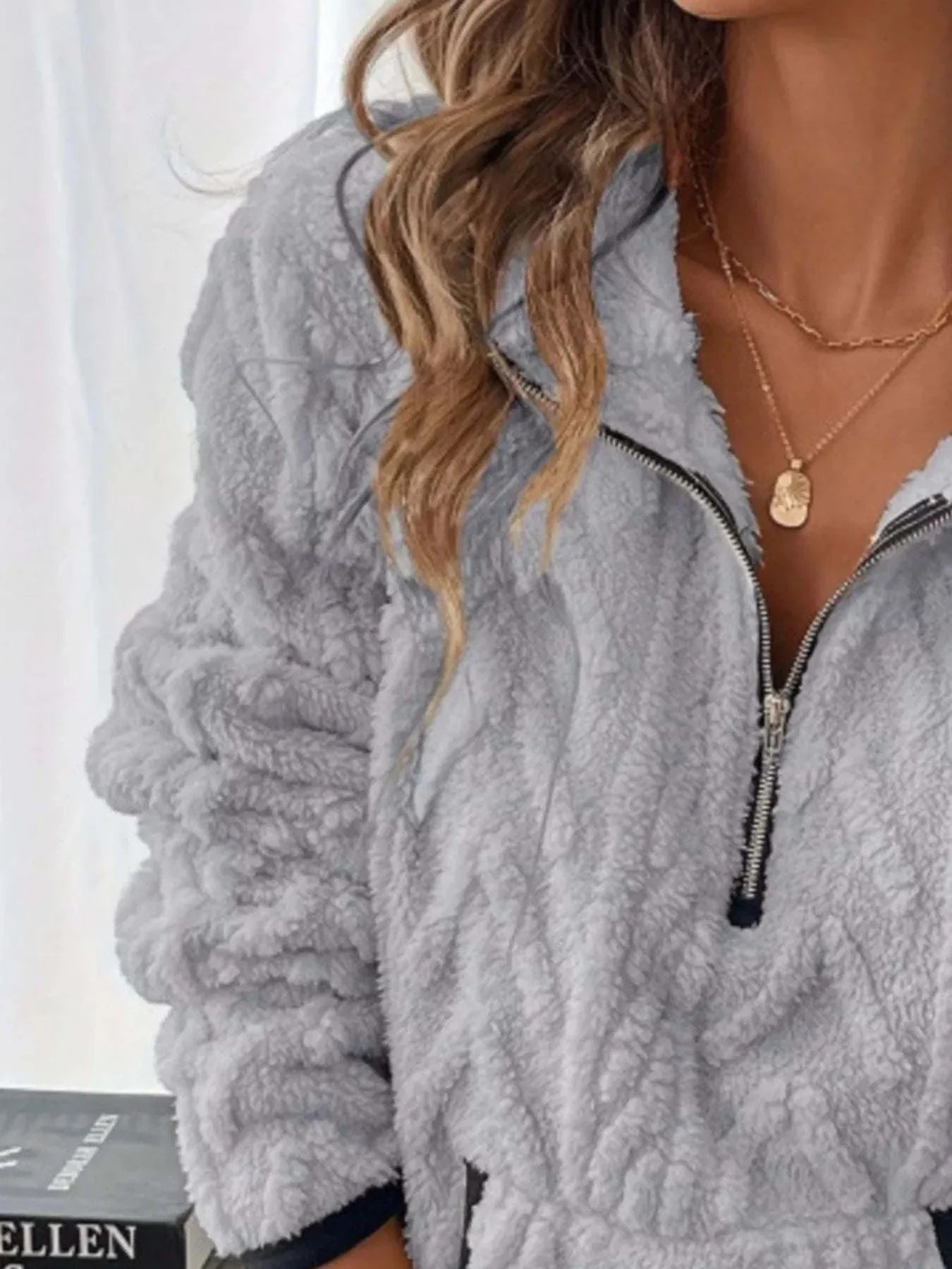 Plus size full size sherpa half zip sweatshirt in light gray with pocket and no stretch polyester fabric