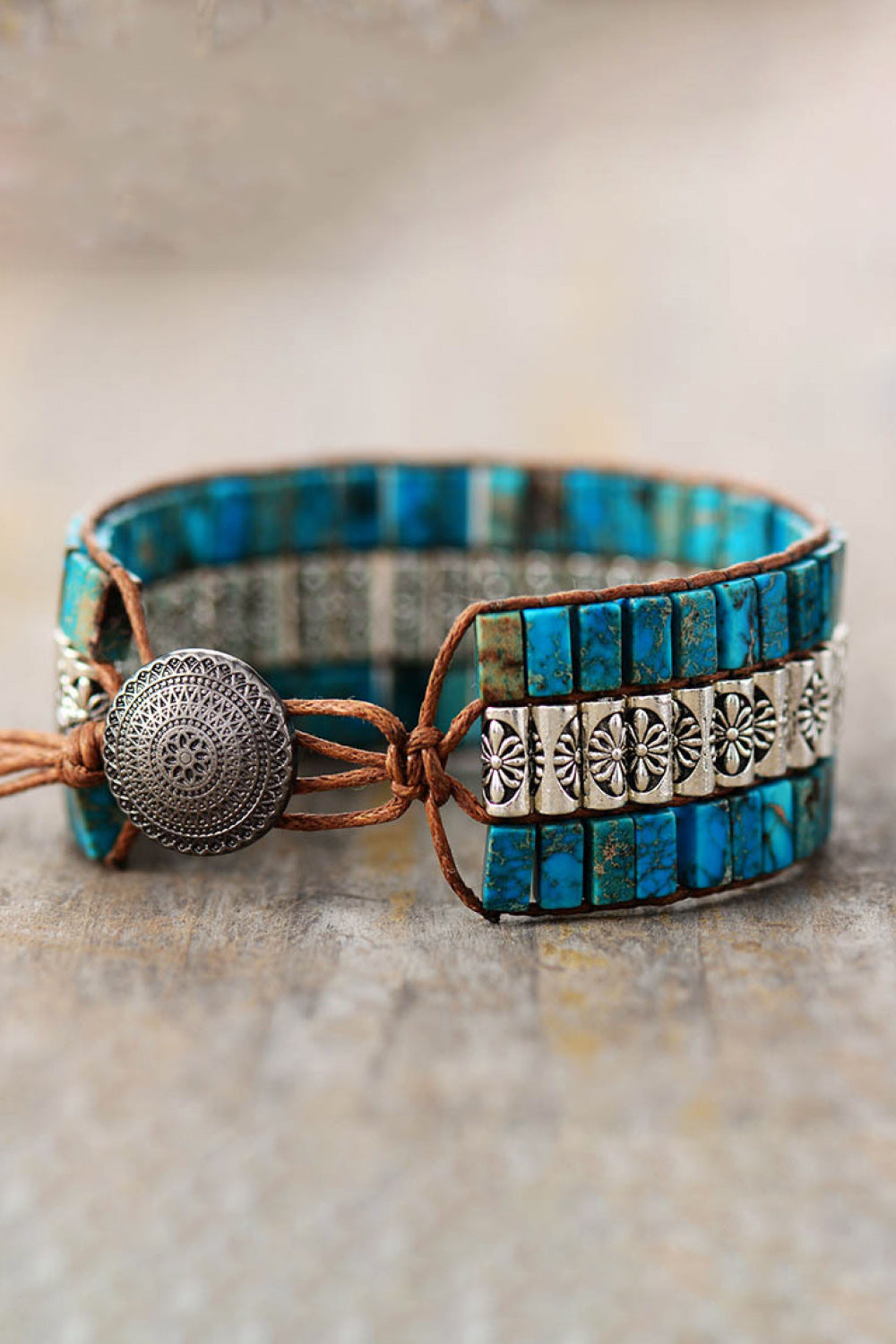 Handmade triple layer natural stone bracelet with turquoise stones and silver alloy accents