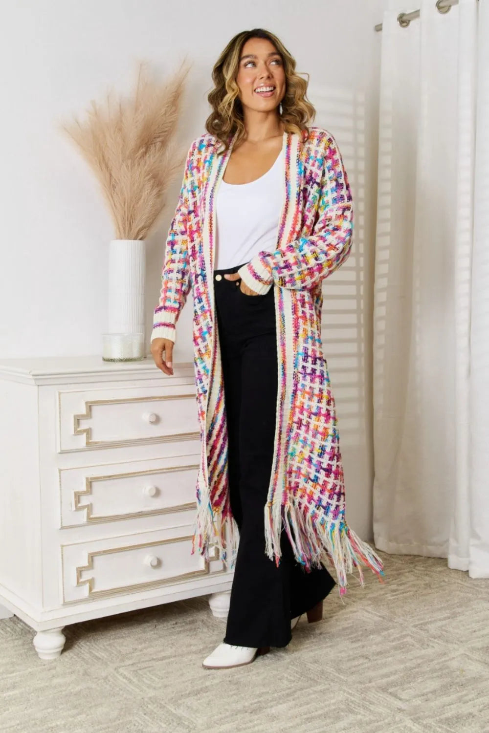 Angel Wings Full Size Multicolored Open Front Fringe Hem Cardigan.