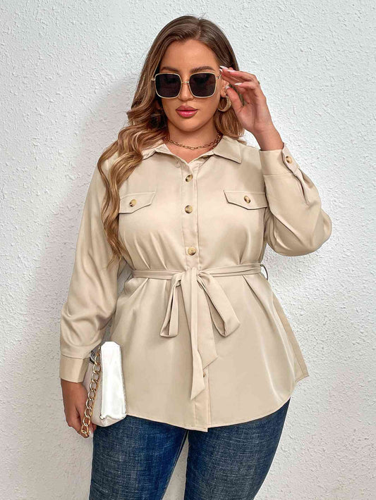 Melo Apparel Plus Size Tie Belt Shirt - Long Sleeve Women’s Fashion