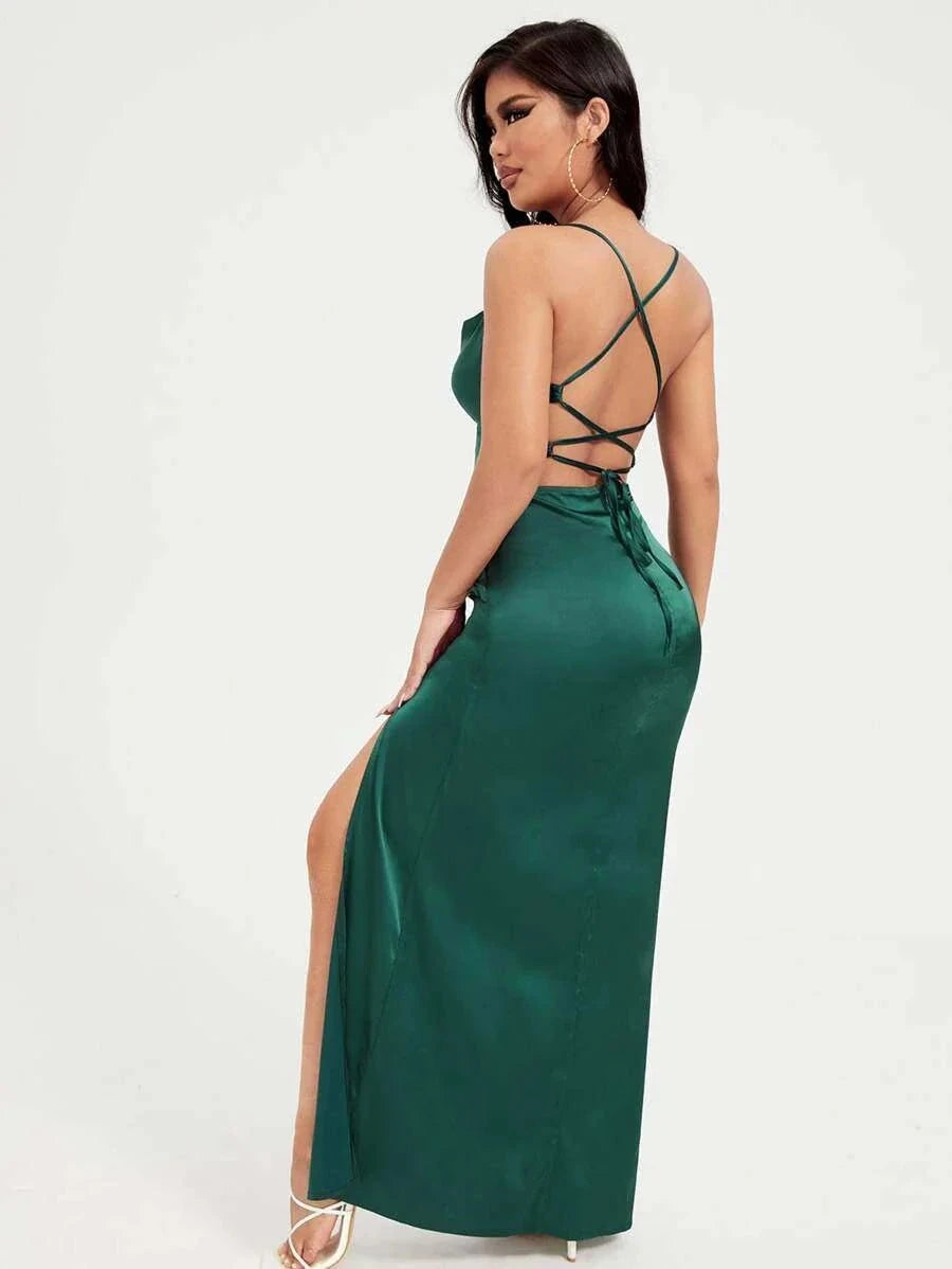 SXY Prom Dress;Split Thigh Lace Up Backless Satin Cami DressDetails:BacklessType:CamiDetails:Criss CrossDetails:DrapedWaist Line:High WaistLined For Added Warmth:NoPattern Type:PlainNeckline:Spaghetti StrapOccasion:WeddingHemRedemption By Ashley NorthSXY Prom Dress
