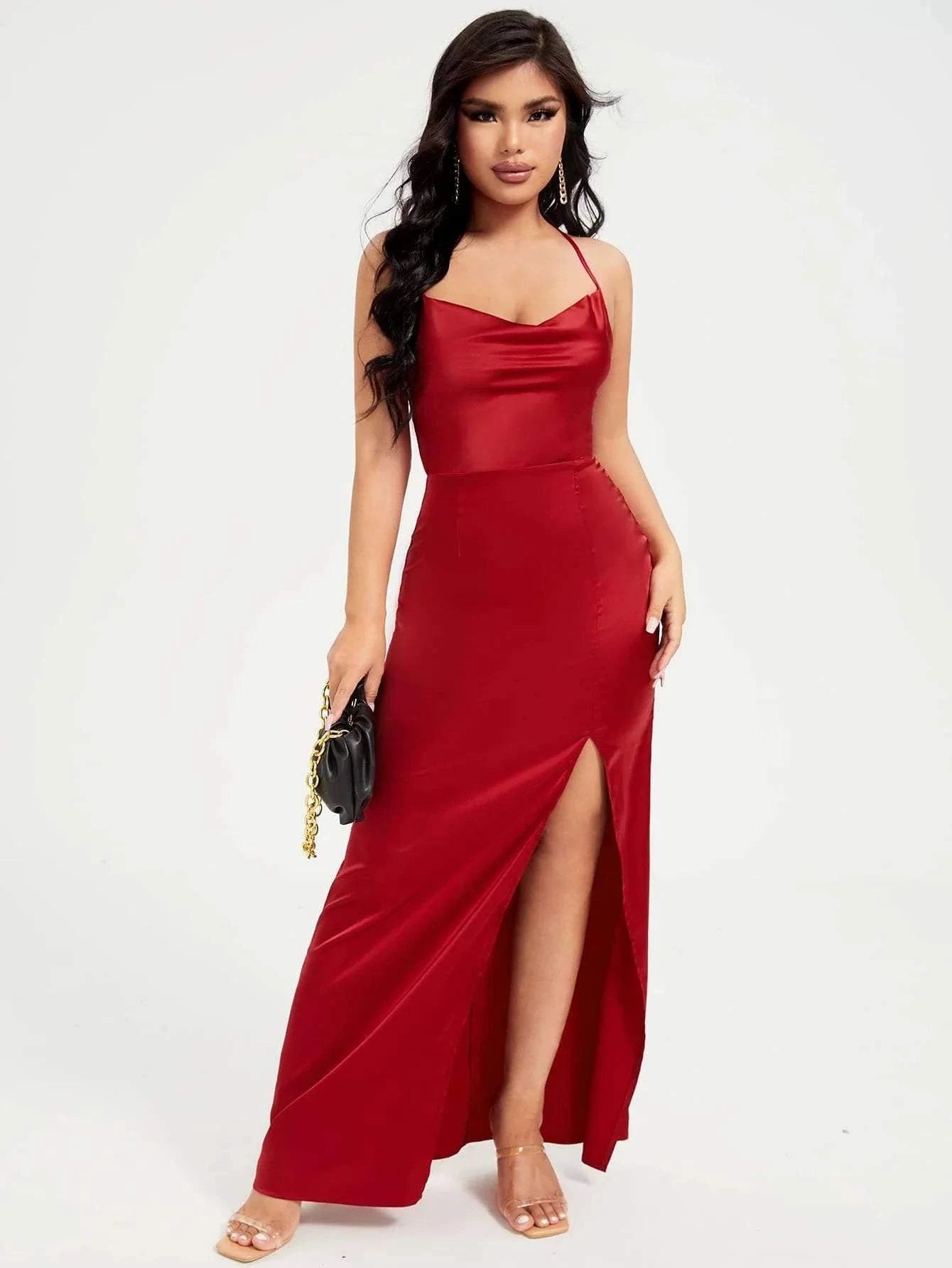 SXY Prom Dress;Split Thigh Lace Up Backless Satin Cami DressDetails:BacklessType:CamiDetails:Criss CrossDetails:DrapedWaist Line:High WaistLined For Added Warmth:NoPattern Type:PlainNeckline:Spaghetti StrapOccasion:WeddingHemRedemption By Ashley NorthSXY Prom Dress