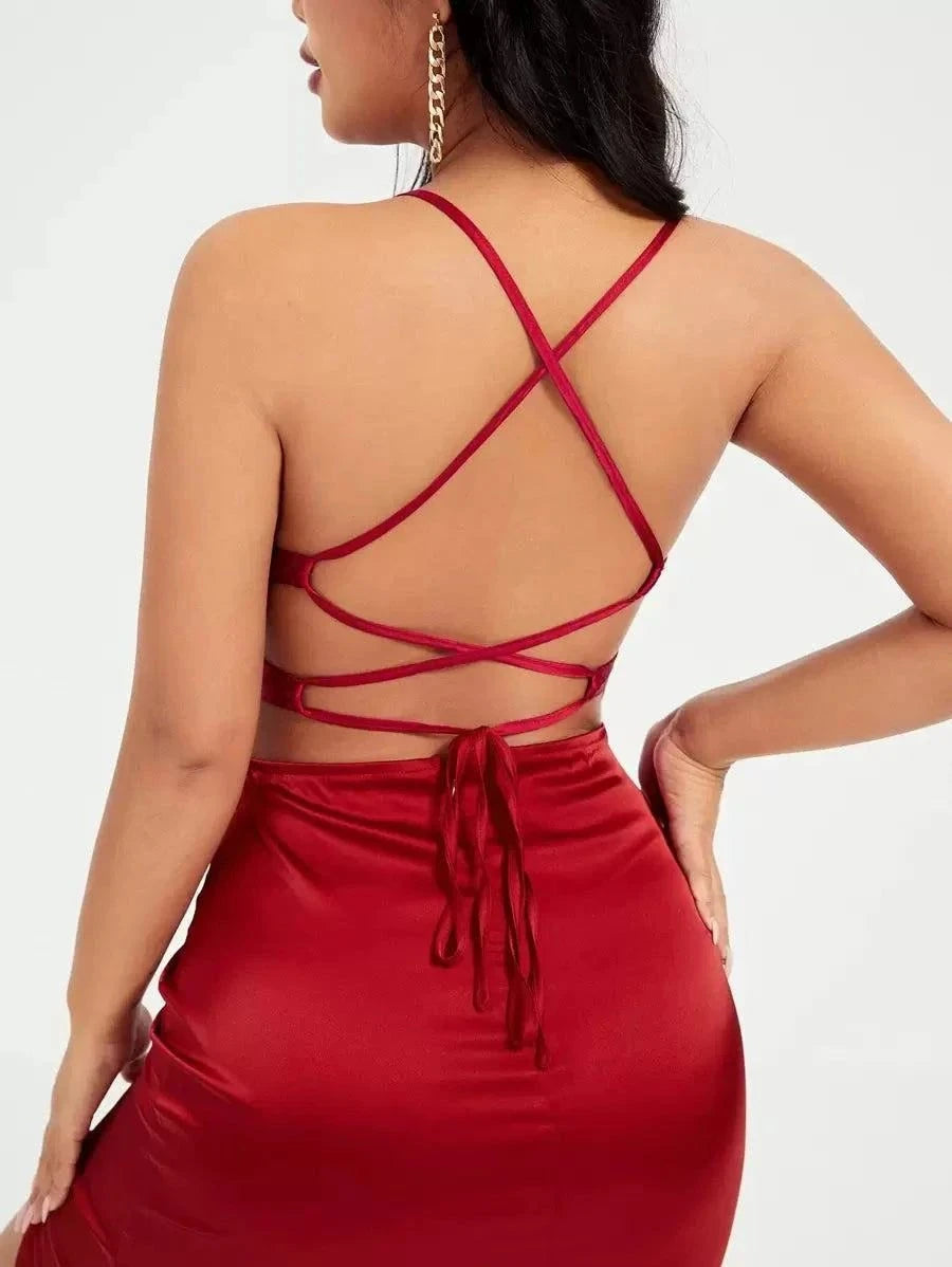 SXY Prom Dress;Split Thigh Lace Up Backless Satin Cami DressDetails:BacklessType:CamiDetails:Criss CrossDetails:DrapedWaist Line:High WaistLined For Added Warmth:NoPattern Type:PlainNeckline:Spaghetti StrapOccasion:WeddingHemRedemption By Ashley NorthSXY Prom Dress