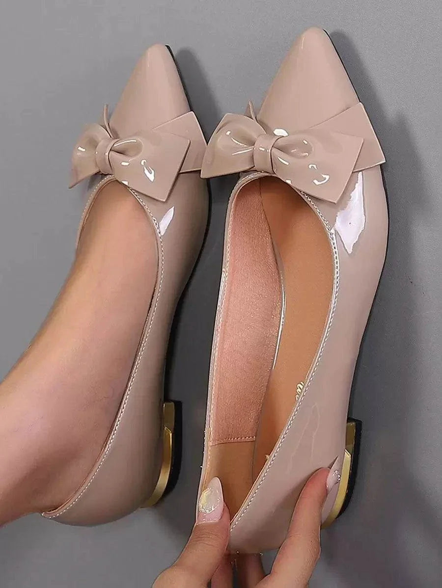 Women bow decor beige point toe flat shoes with rubber outsole and PU leather lining