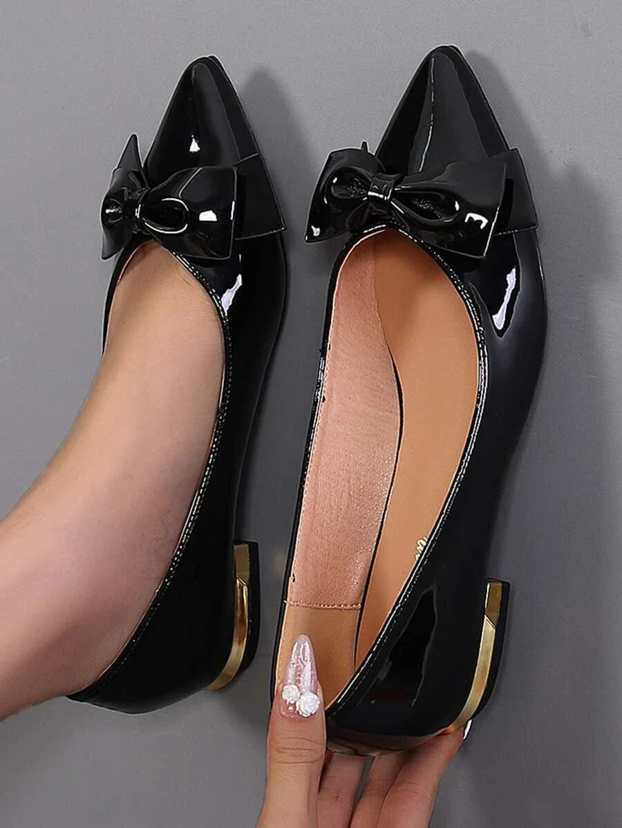 Black women bow decor point toe flats with shiny finish and low heels
