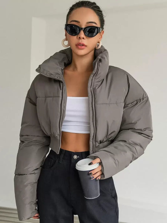 DAZY Drop Shoulder Zipper Crop Puffer Thick Pockets Coat ,Winter Women Clothes,Winter Coat Women.