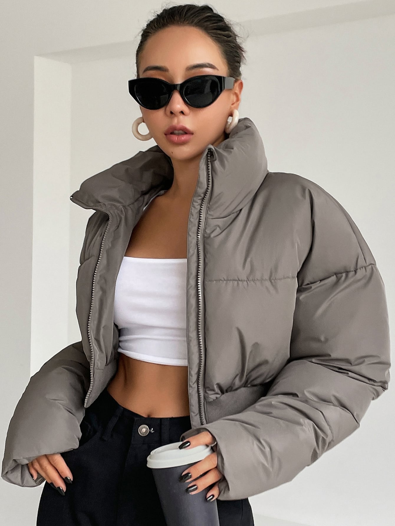 DAZY Drop Shoulder Zipper Crop Puffer Thick Pockets Coat ,Winter Women Clothes,Winter Coat Women.