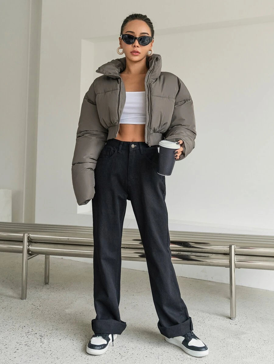 DAZY Drop Shoulder Zipper Crop Puffer Thick Pockets Coat ,Winter Women Clothes,Winter Coat Women.