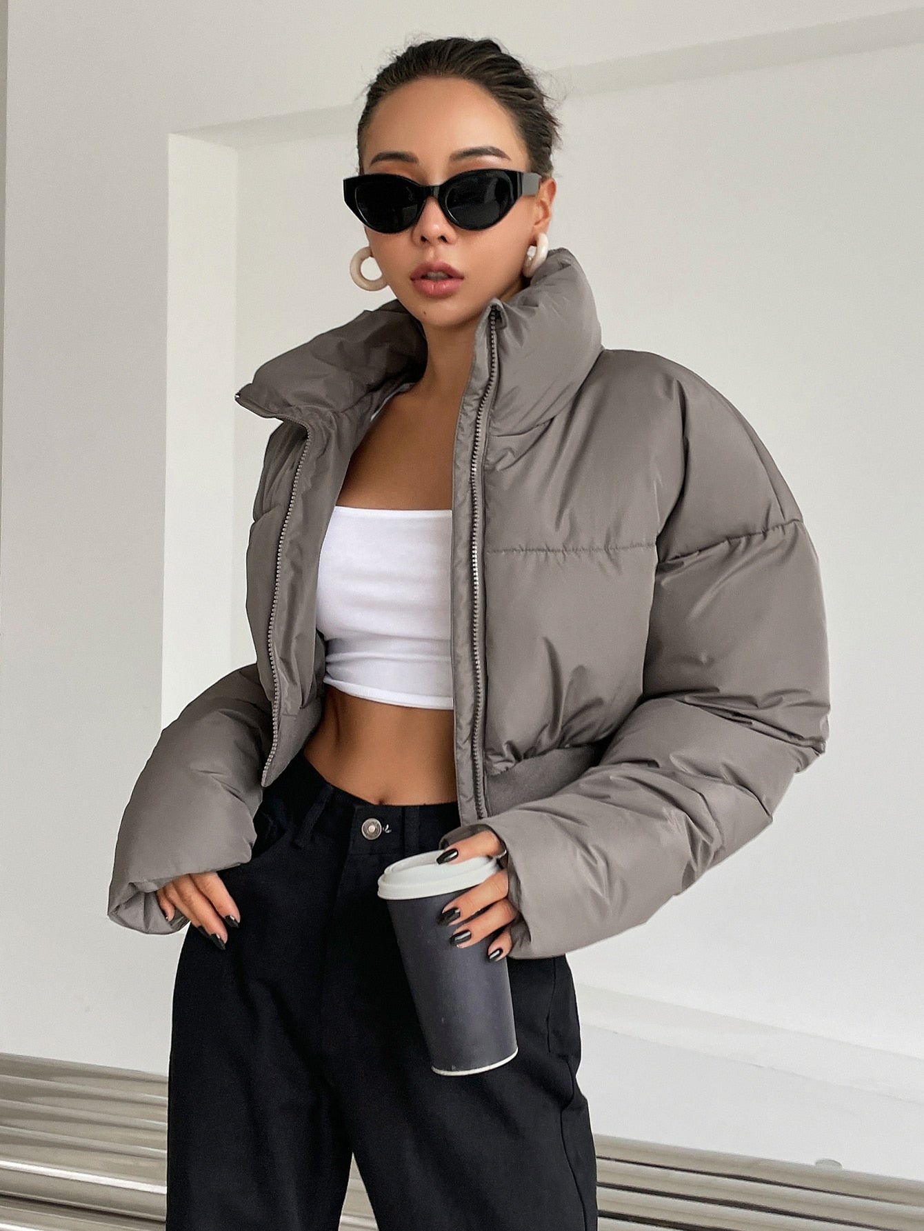 DAZY Drop Shoulder Zipper Crop Puffer Thick Pockets Coat ,Winter Women Clothes,Winter Coat Women.