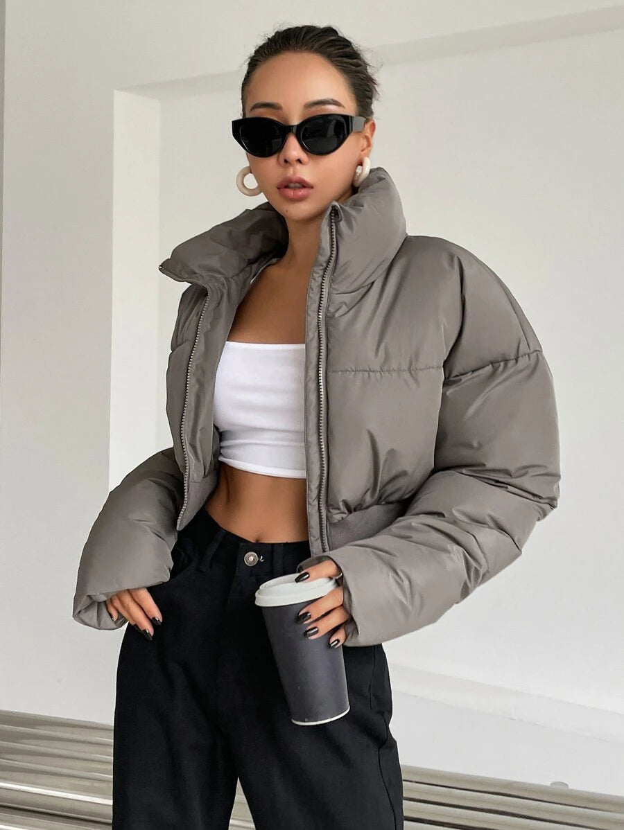 DAZY Drop Shoulder Zipper Crop Puffer Thick Pockets Coat ,Winter Women Clothes,Winter Coat Women.