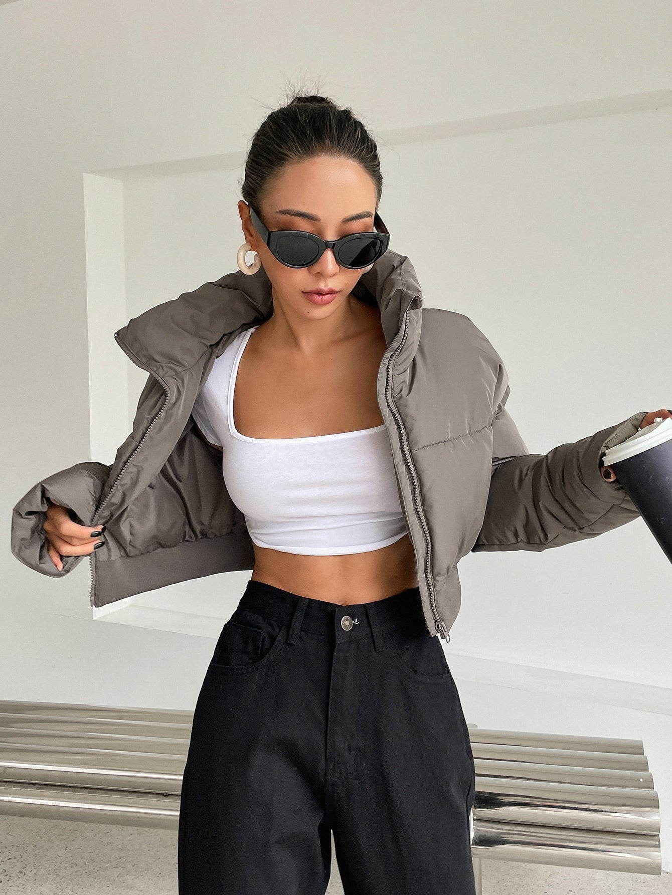 DAZY Drop Shoulder Zipper Crop Puffer Thick Pockets Coat ,Winter Women Clothes,Winter Coat Women.