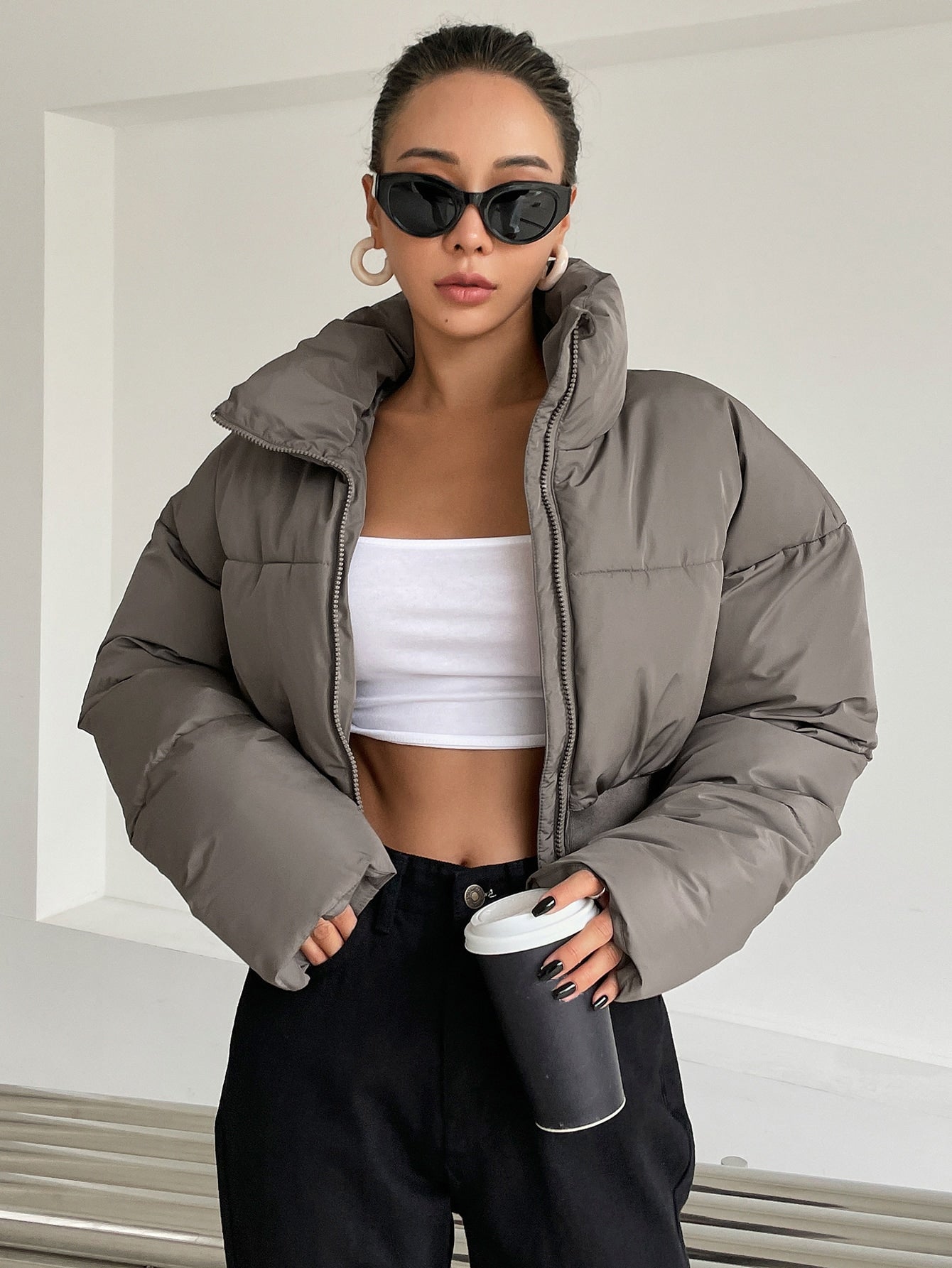 DAZY Drop Shoulder Zipper Crop Puffer Thick Pockets Coat ,Winter Women Clothes,Winter Coat Women.
