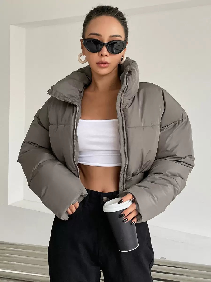 DAZY Drop Shoulder Zipper Crop Puffer Thick Pockets Coat ,Winter Women Clothes,Winter Coat Women.
