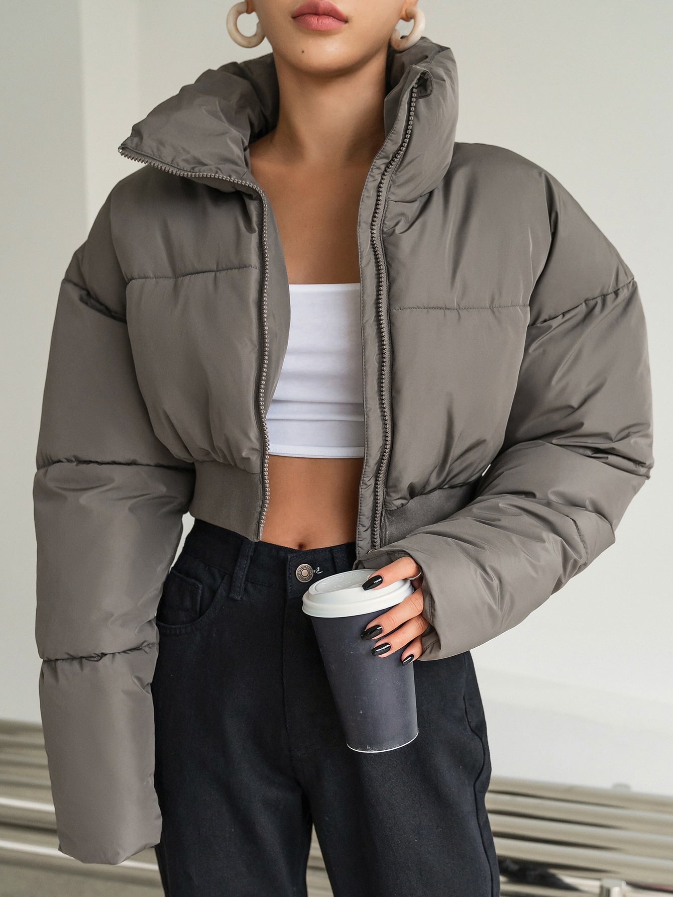 DAZY Drop Shoulder Zipper Crop Puffer Thick Pockets Coat ,Winter Women Clothes,Winter Coat Women.