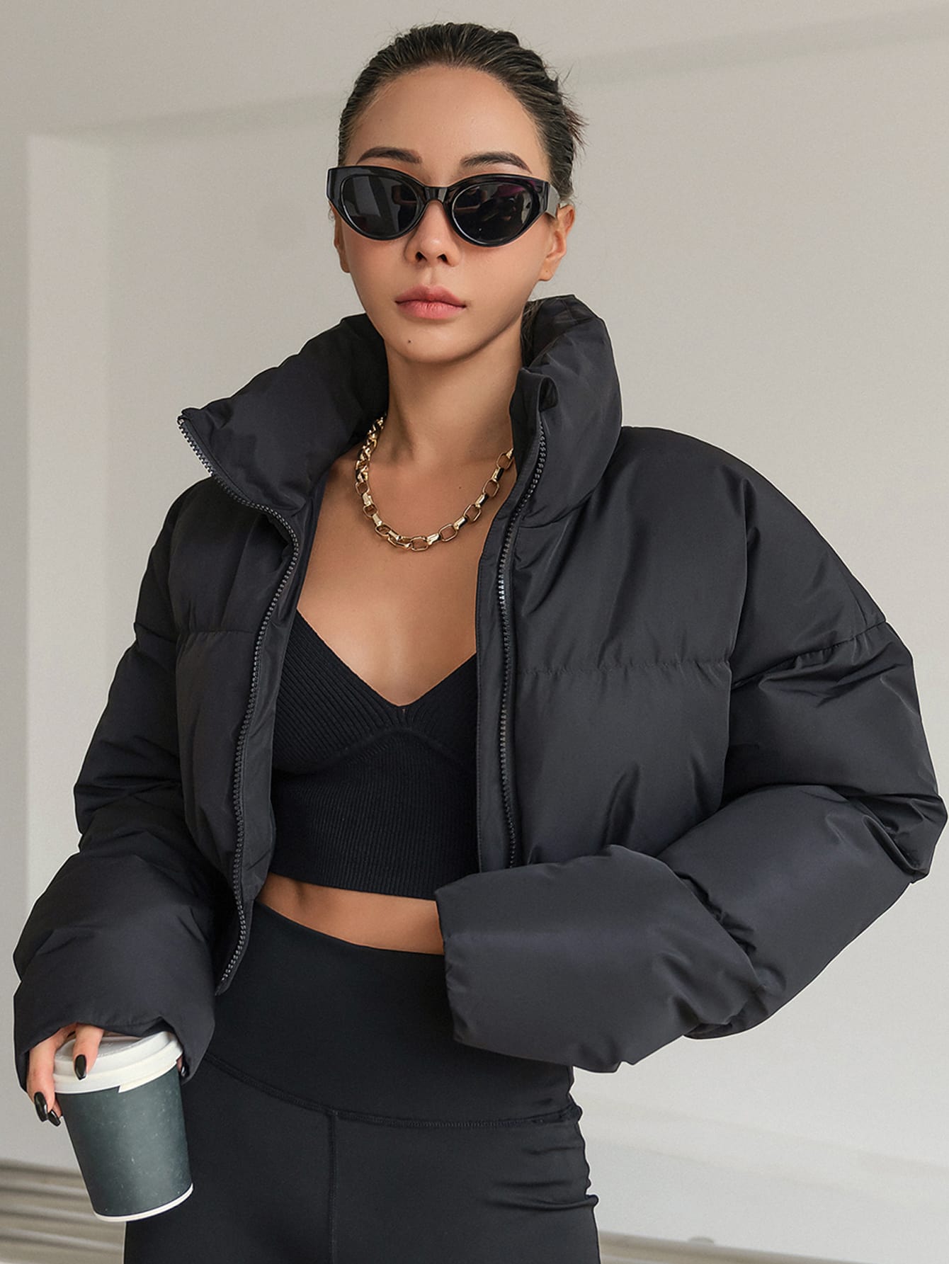 DAZY Drop Shoulder Zipper Crop Puffer Thick Pockets Coat ,Winter Women Clothes,Winter Coat Women.