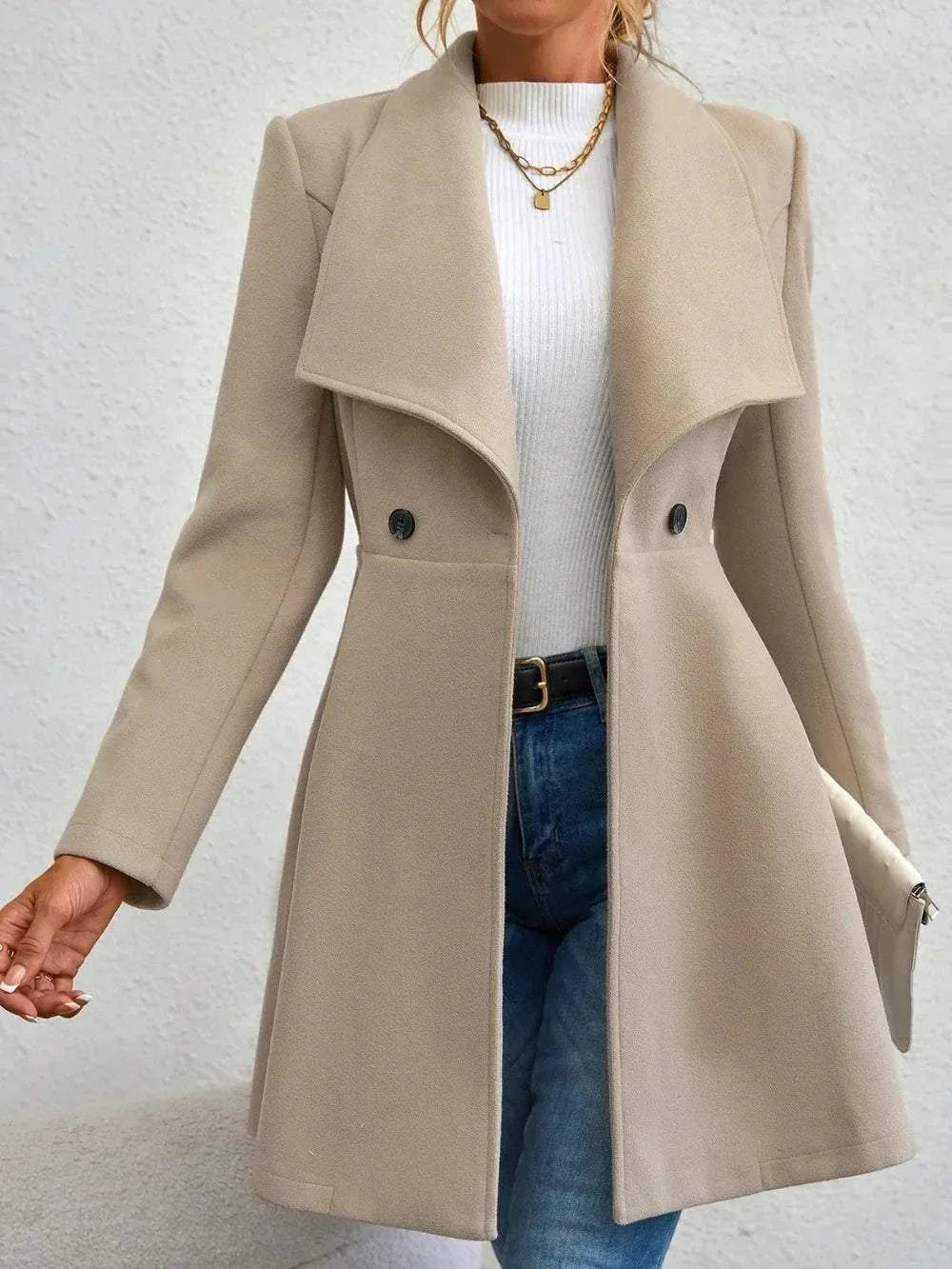 beige collared neck button up long sleeve polyester coat with fitted waist and front buttons