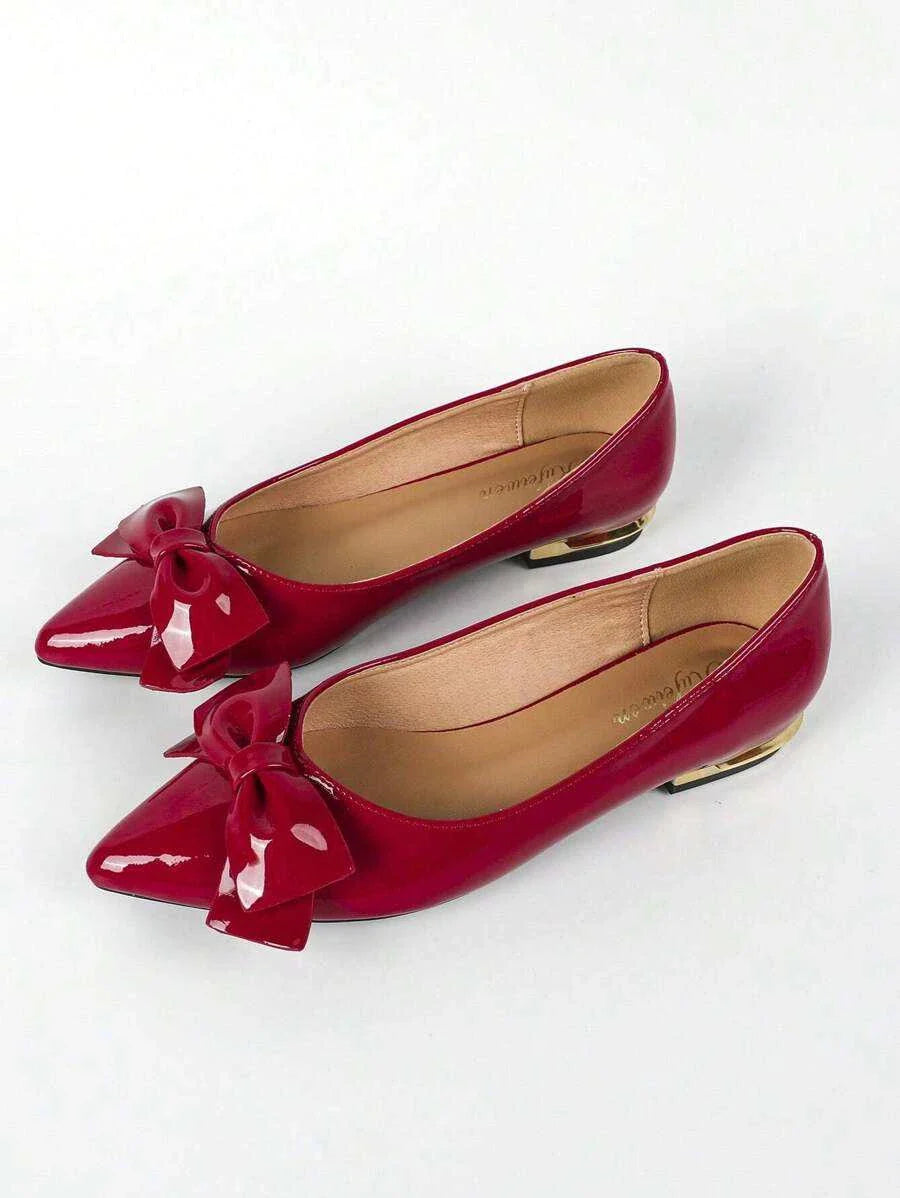 Red Women Bow Decor point toe flats with PU leather and rubber sole for office and outdoor use