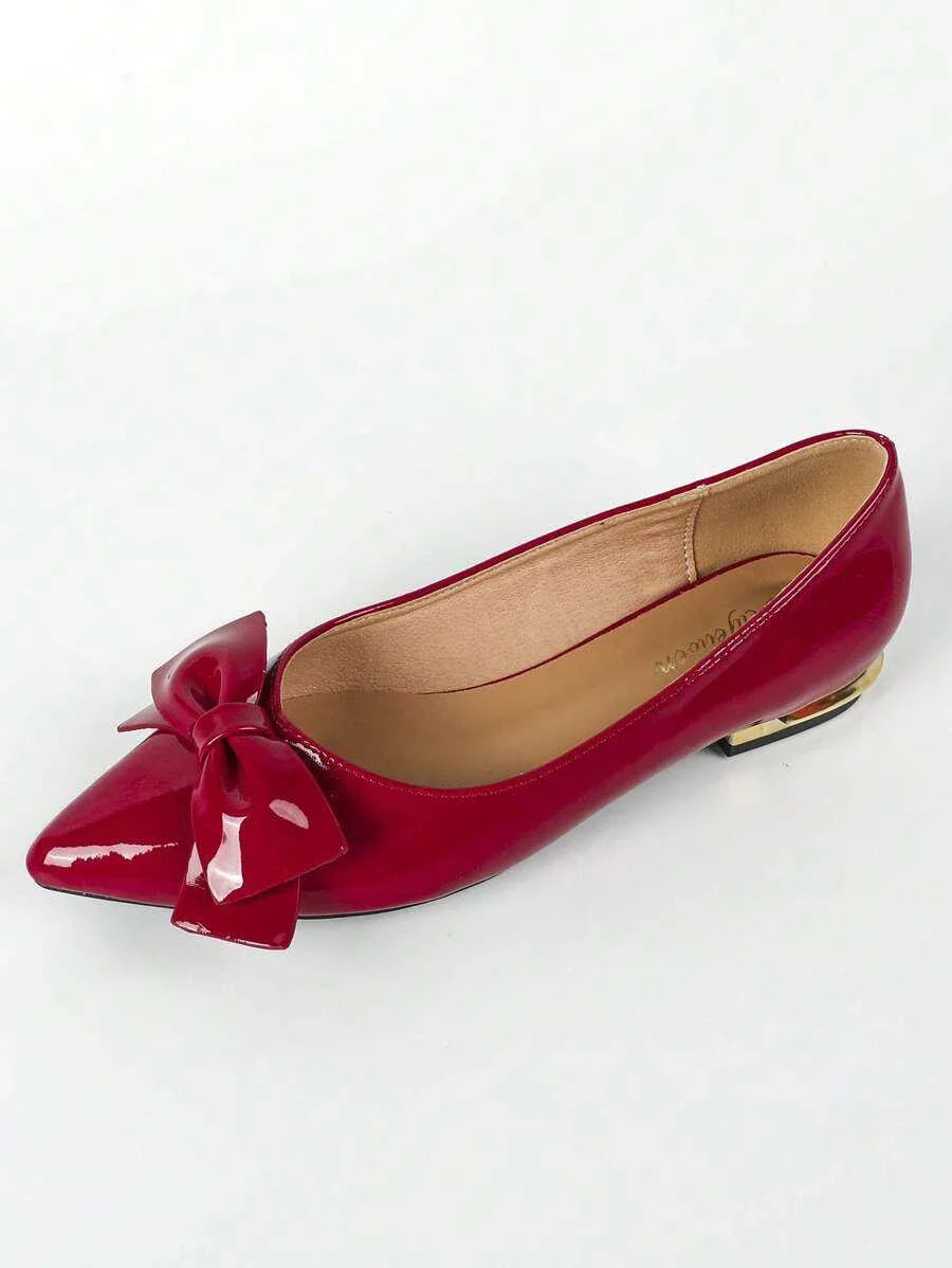 Women red bow decor point toe flat shoe for outdoor and office use