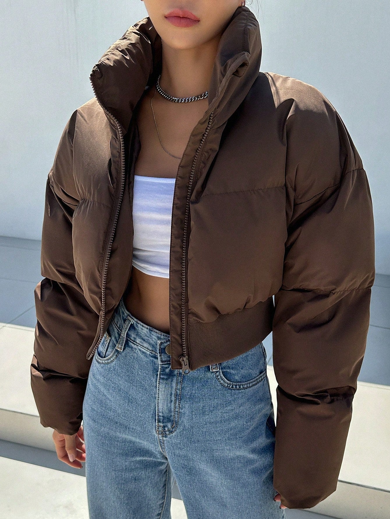 DAZY Drop Shoulder Zipper Crop Puffer Thick Pockets Coat ,Winter Women Clothes,Winter Coat Women.
