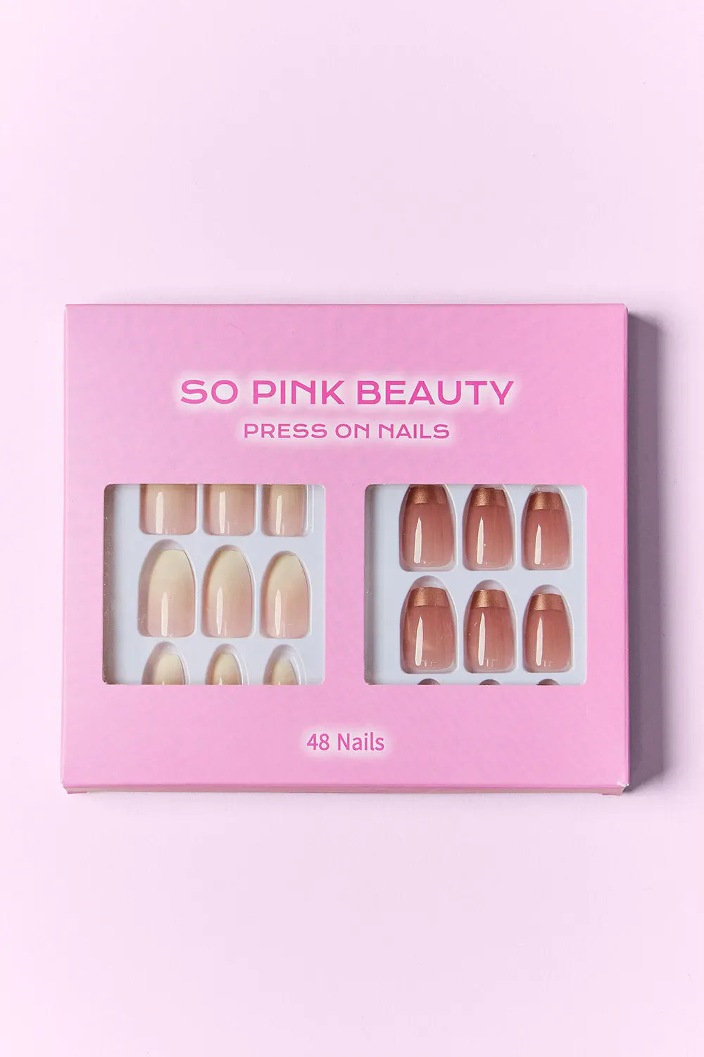 SO PINK BEAUTY Press On Nails two packs with 48-piece natural and brown shades for easy at-home nail application