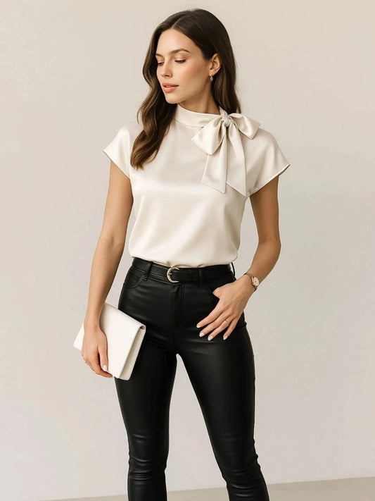 Satin Bow Tie Neck Blouse
