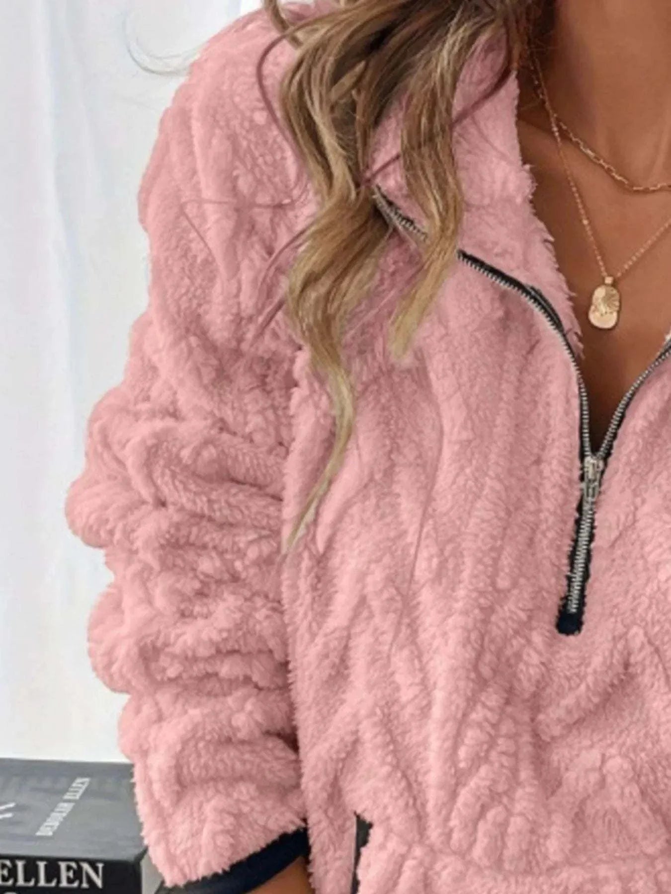 Plus size pink full size sherpa half zip sweatshirt with pockets and cozy texture