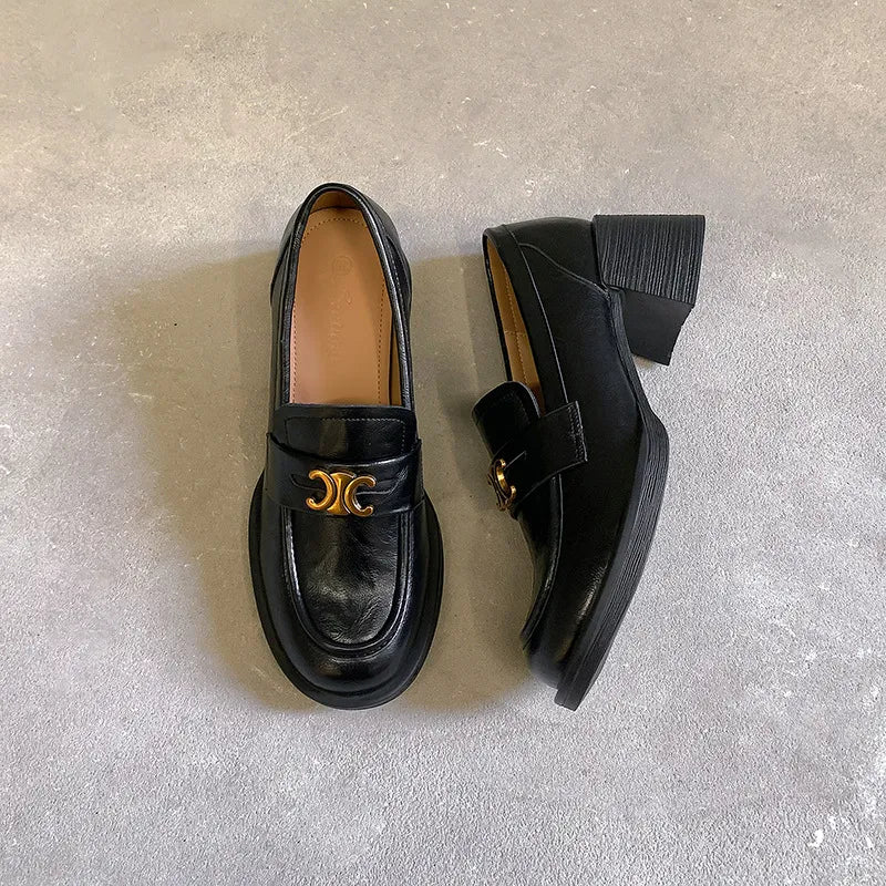 Round Toe Block Heel Loafers.
