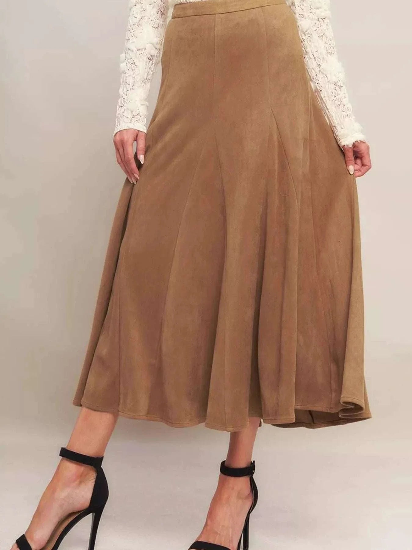 Camel brown flowy A-line midi skirt with elastic waistband and soft fabric for elegant movement