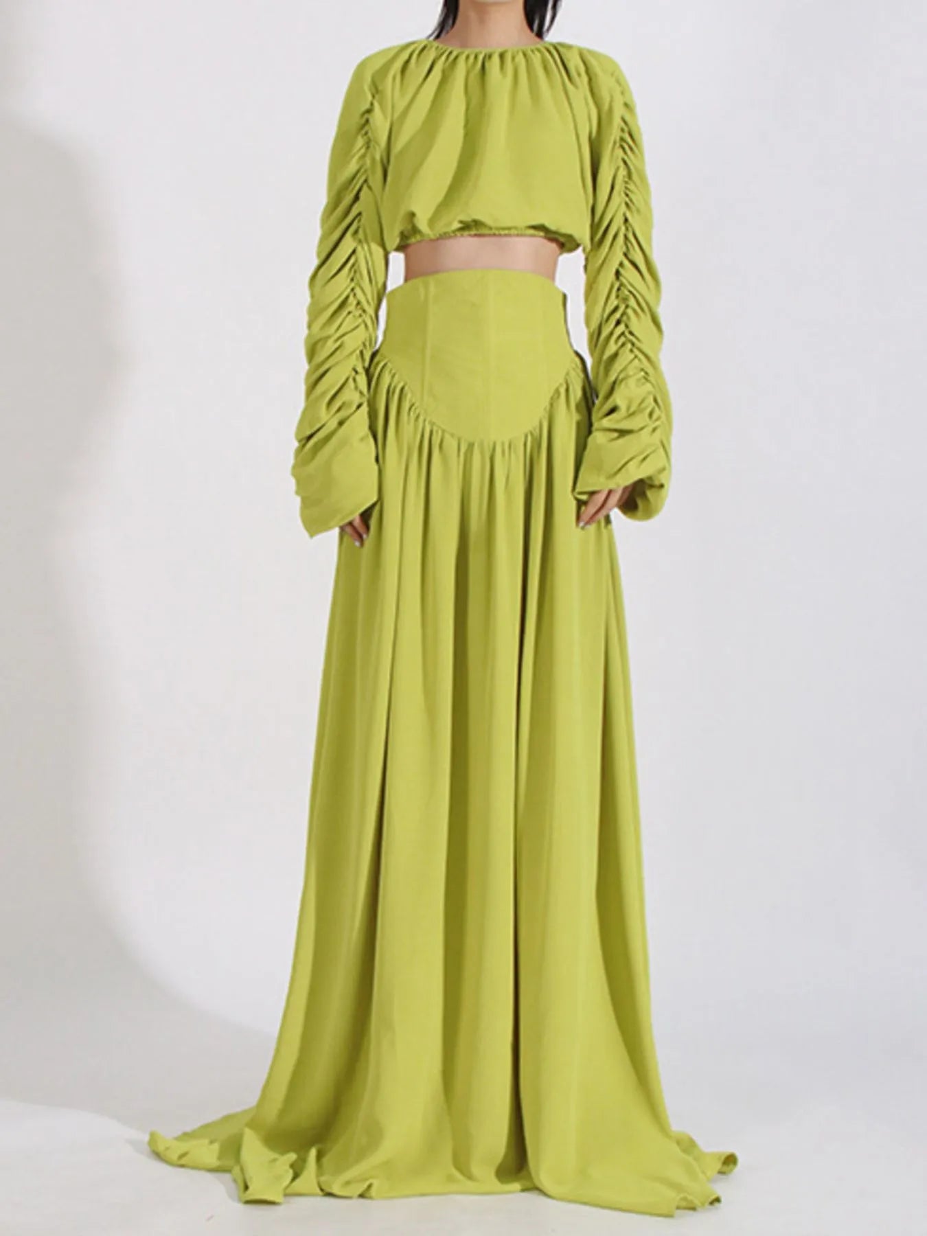 Green ruched long sleeve top and high waist skirt two-piece set