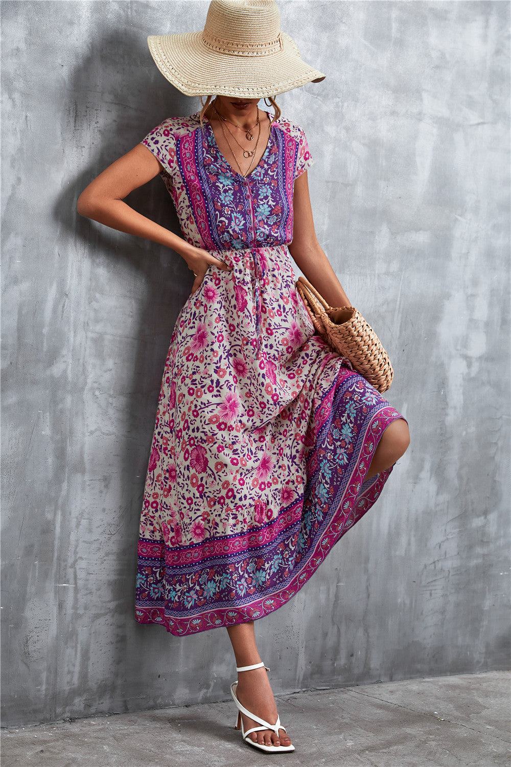 Bohemian Maxi Dress for Women: V-Neck Short Sleeve Printed Maxi Dress.