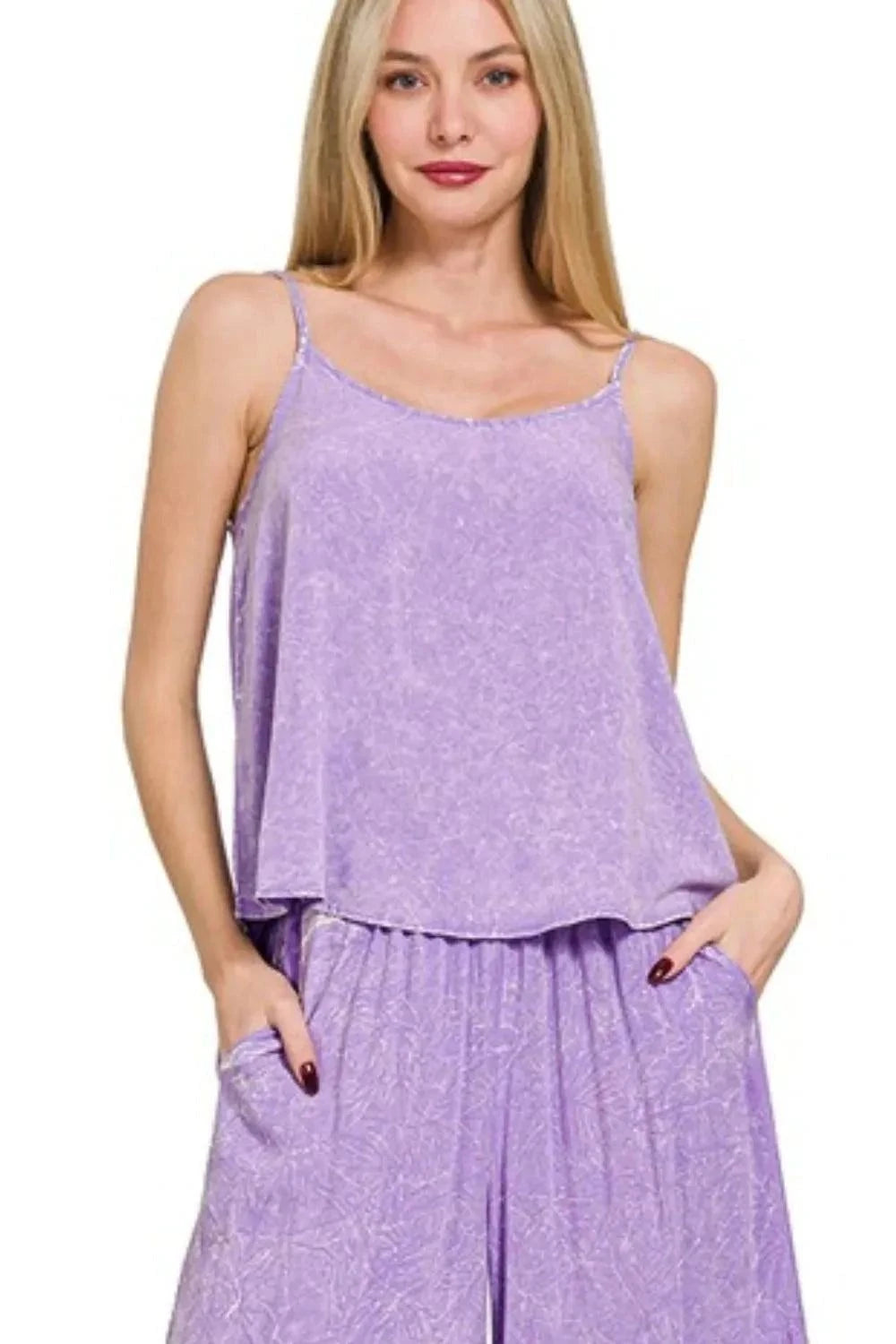 Zenana Woven Crinkle Cami Pants Set - Stylish 2 Piece Washed Outfit.