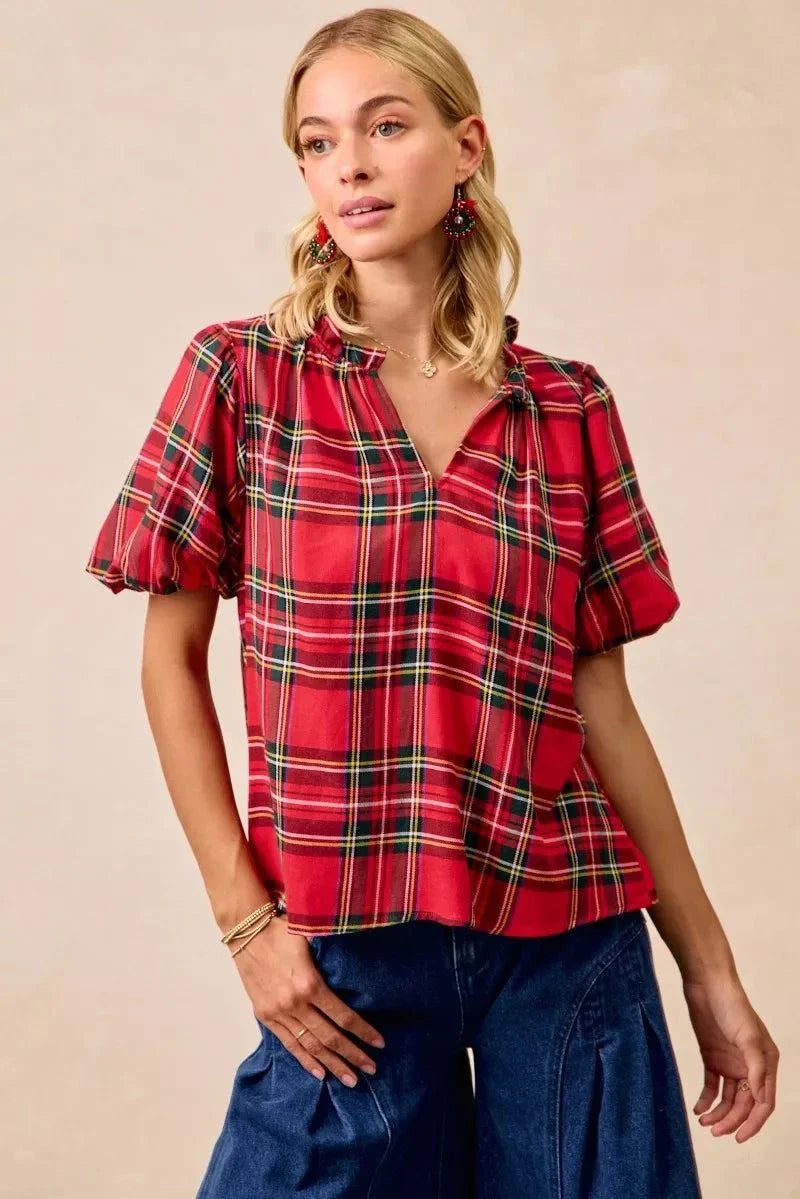BiBi Christmas Plaid Short Sleeves Ruffled Blouse.