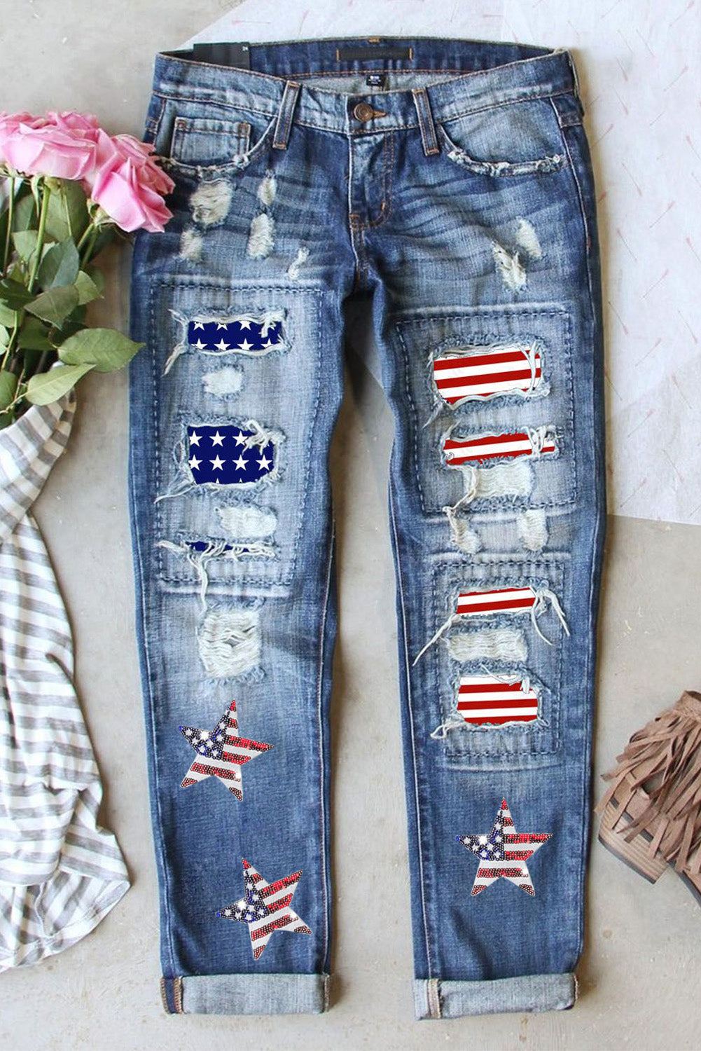 Women's American Flag Jeans - Mid-Rise Style for Women.