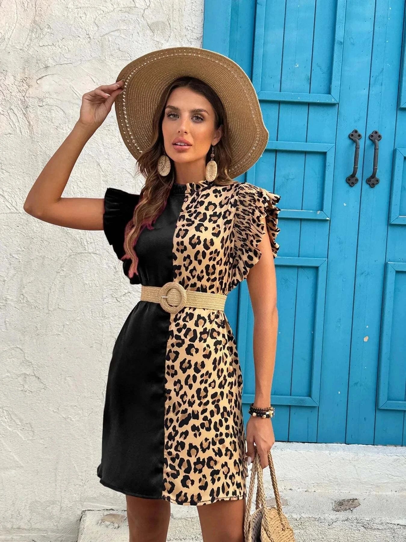 Leopard Color Block Dress with Ruffle Sleeves.