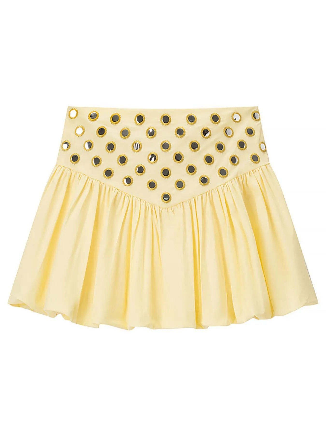 Yellow eyelet cami with cutout and ruffled bubble skirt set, two-piece polyester blend, non-stretch fabric.