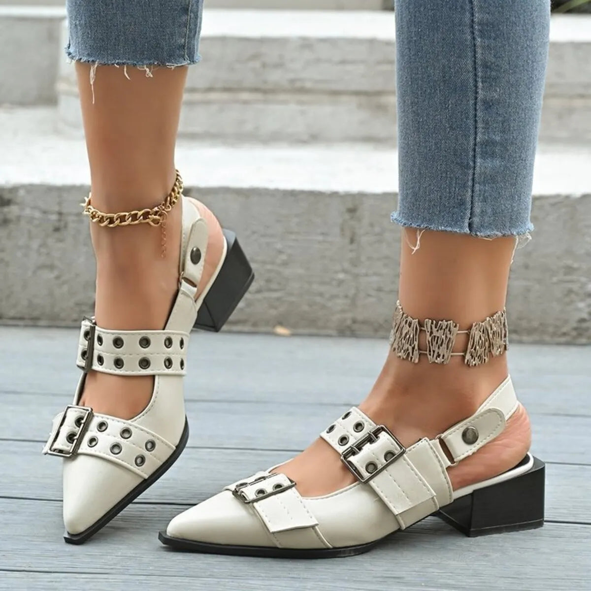 Point Toe Block Heels Slingback Pumps.