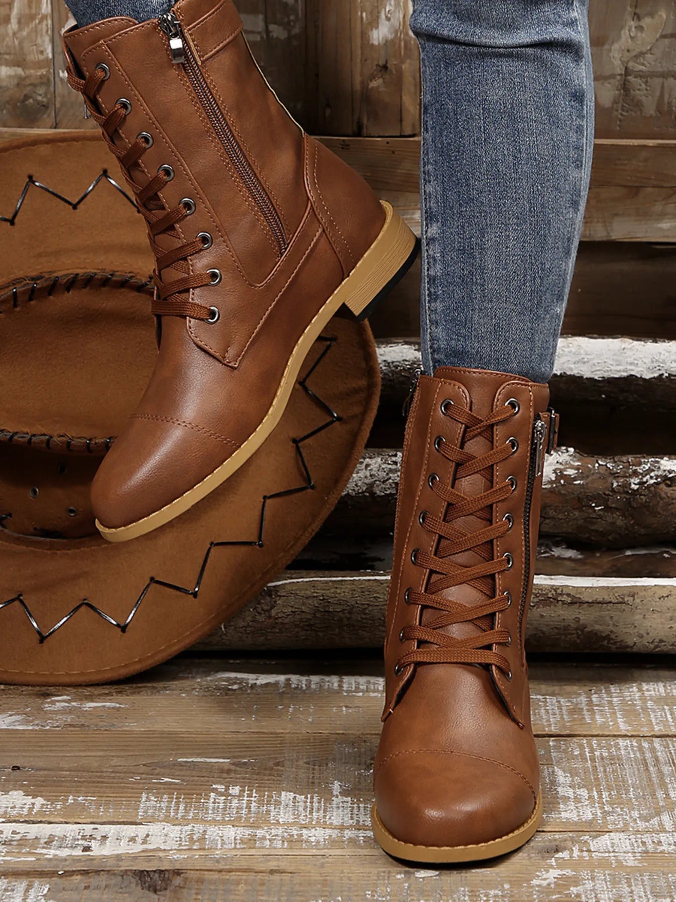 Lace Up Round Toe Boots.