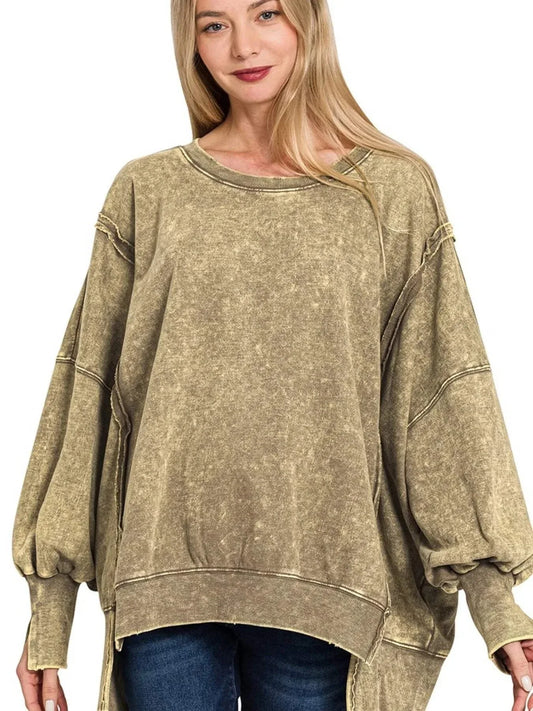 Zenana Acid Wash oversized sweatshirt with exposed seams and high-low hem in 100% cotton