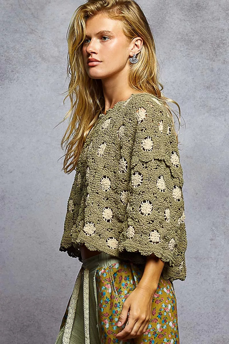 POL Contrast Crochet cropped knit top with 3/4 sleeves and openwork design in olive green