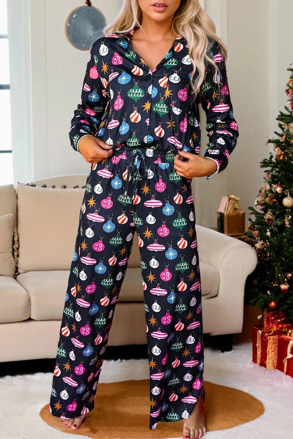 Christmas Lights Print Collared Neck Top and Pants Set.
