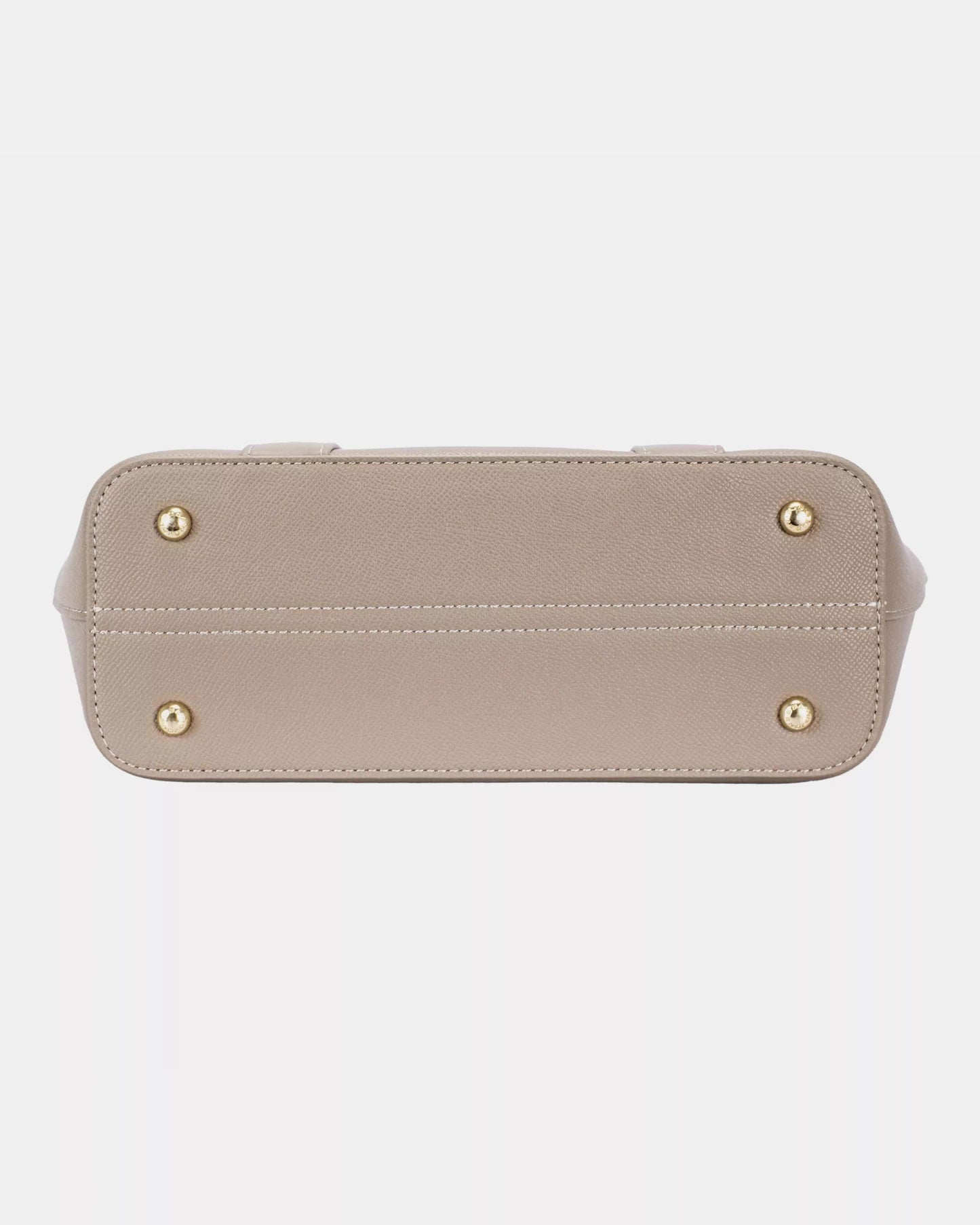 Bottom view of David Jones leather tote bag with gold hardware and beige synthetic material