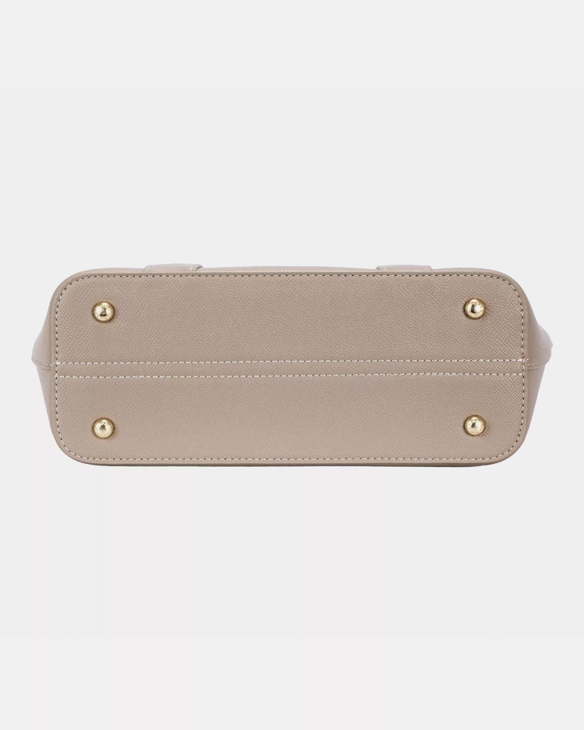 Bottom view of David Jones leather tote bag with gold hardware and beige synthetic material