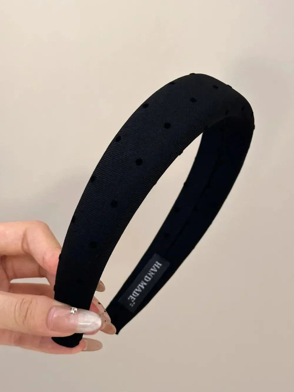 Polka dot polyester wide black headband with handmade label