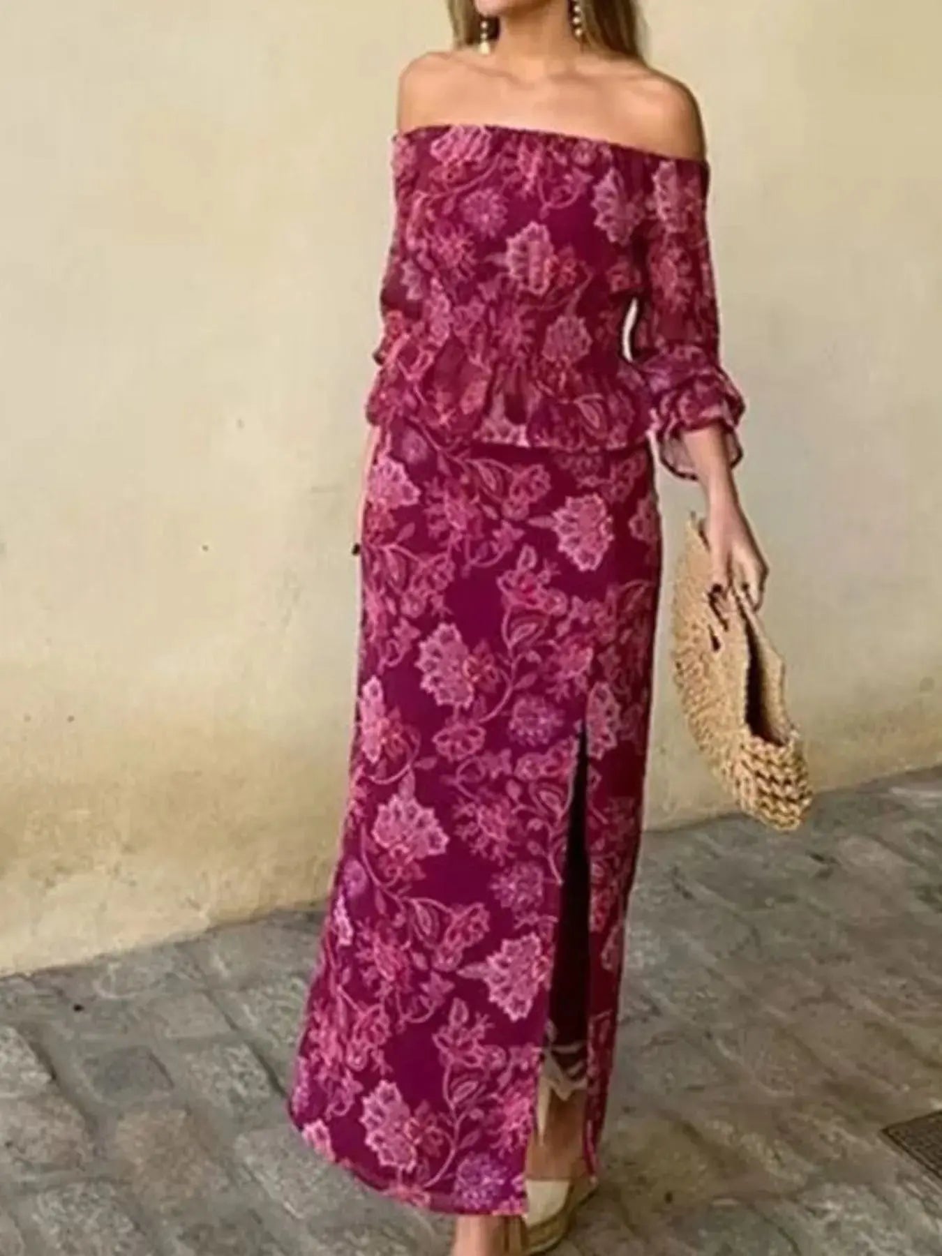 Printed Flounce Sleeve Top and Slit Skirt Set - Redemption By Ashley North