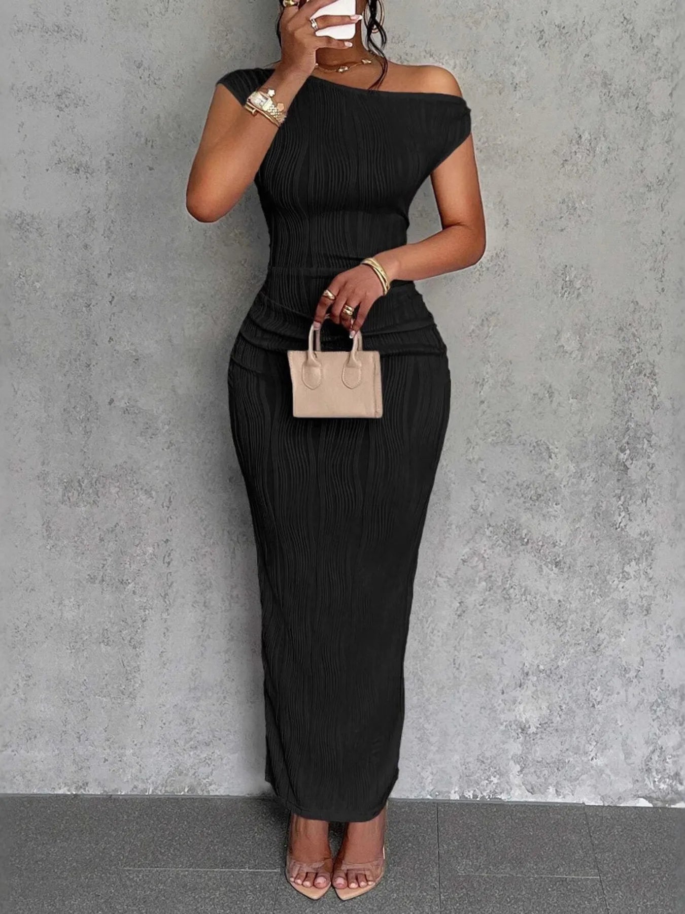 Textured Bodycon Maxi Dress with Single Shoulder Design.