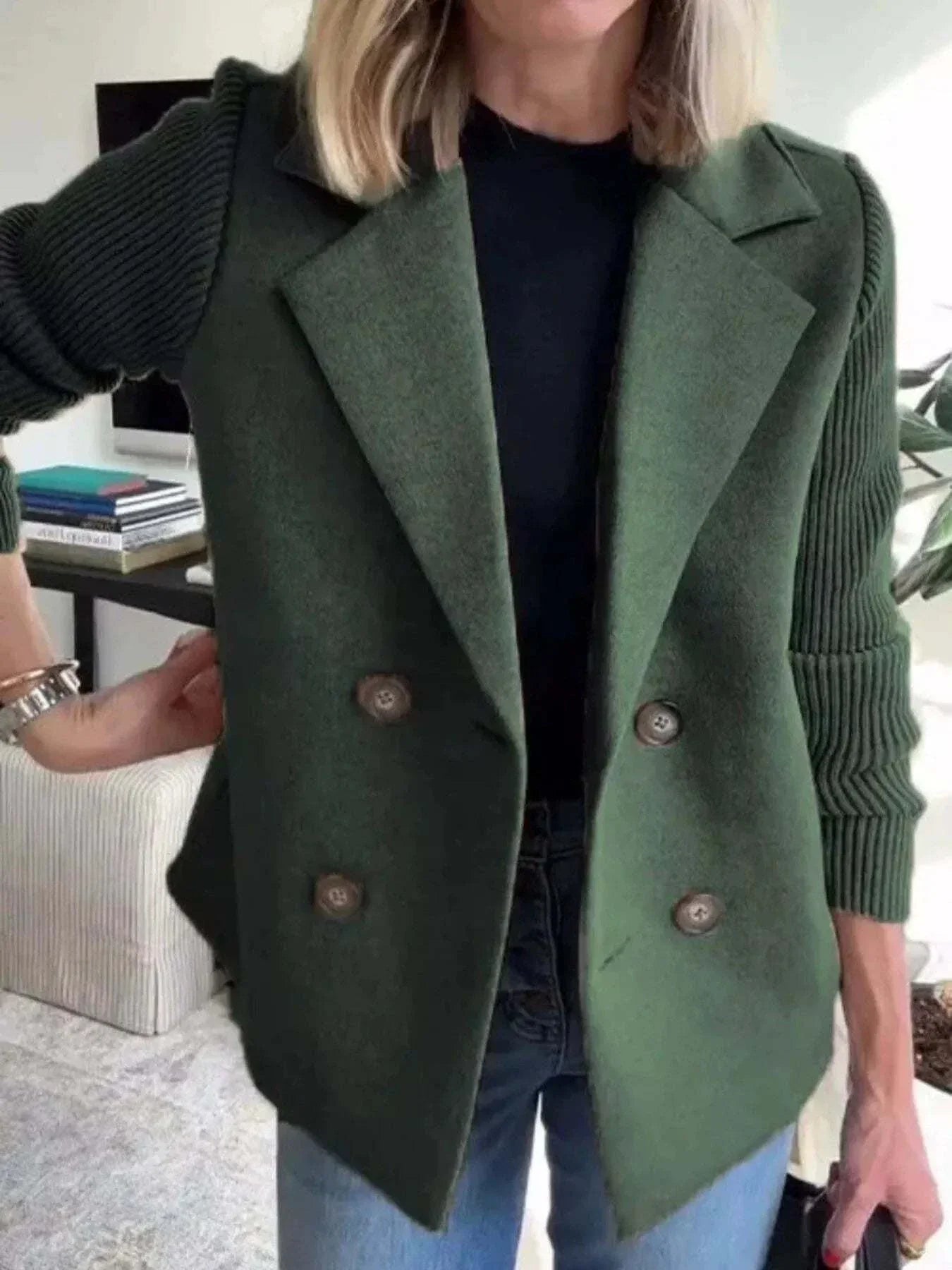 plus size full size knit sleeve double-breasted green outerwear jacket