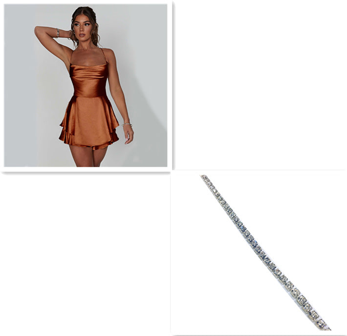 Sexy Suspender Skirt Elegant Satin Backless Lace Up A-Line Short Dress for Women.