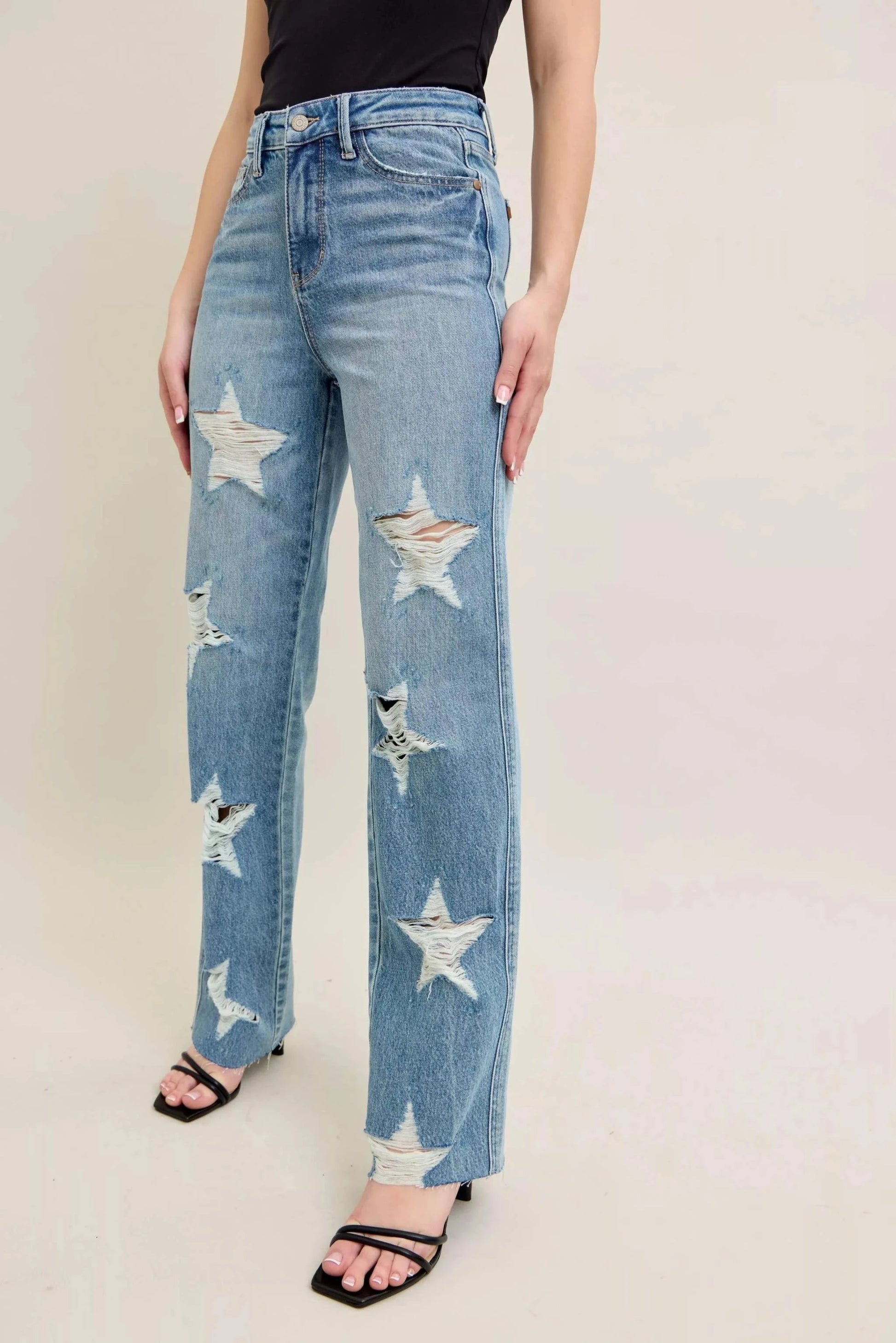 Judy Blue Plus Size 90's straight high waist jeans with star-shaped distressed details and rigid denim