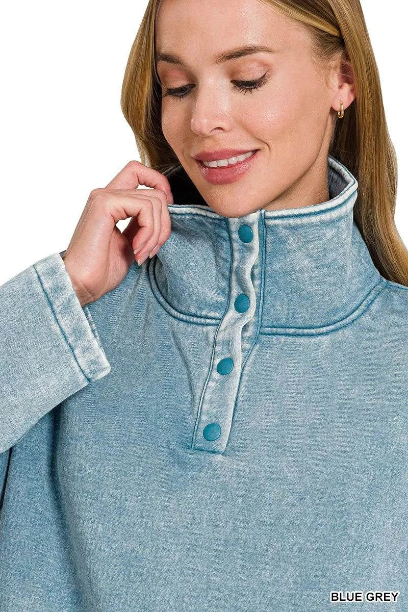 Blue grey fleece washed high neck sweatshirt with buttoned collar and kangaroo pocket